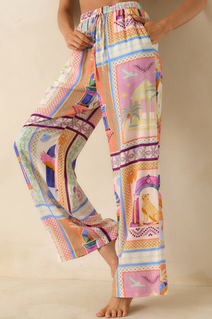 MINKPINK Elysia White Multi Tropical Tile Print Drawstring Pants