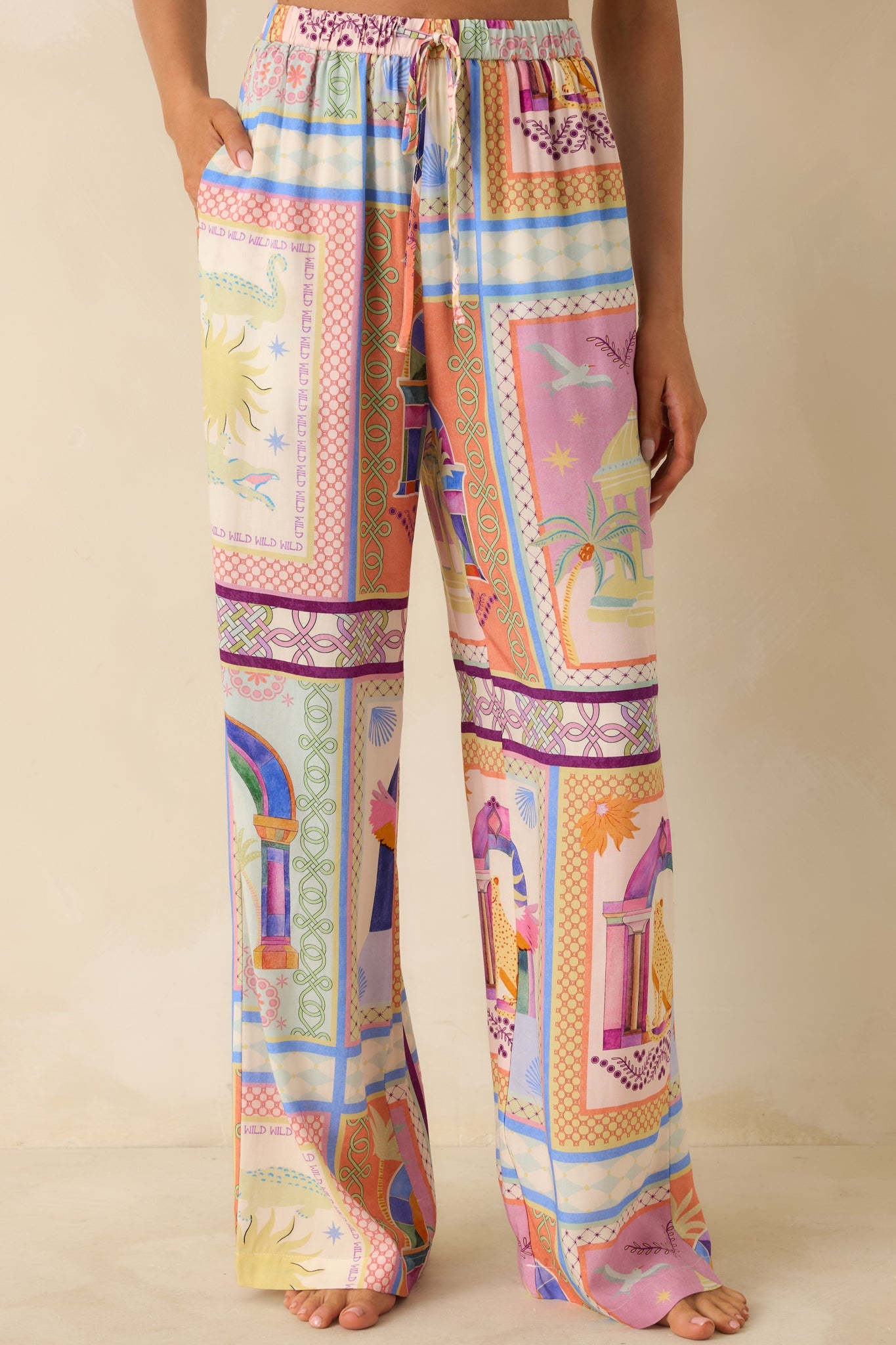 MINKPINK Elysia White Multi Tropical Tile Print Drawstring Pants