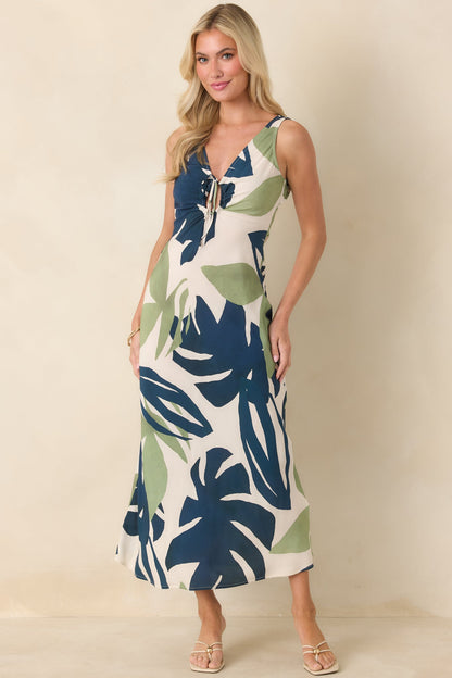MINKPINK Azure Green & Blue Palm Leaves Key Hole Midi Dress