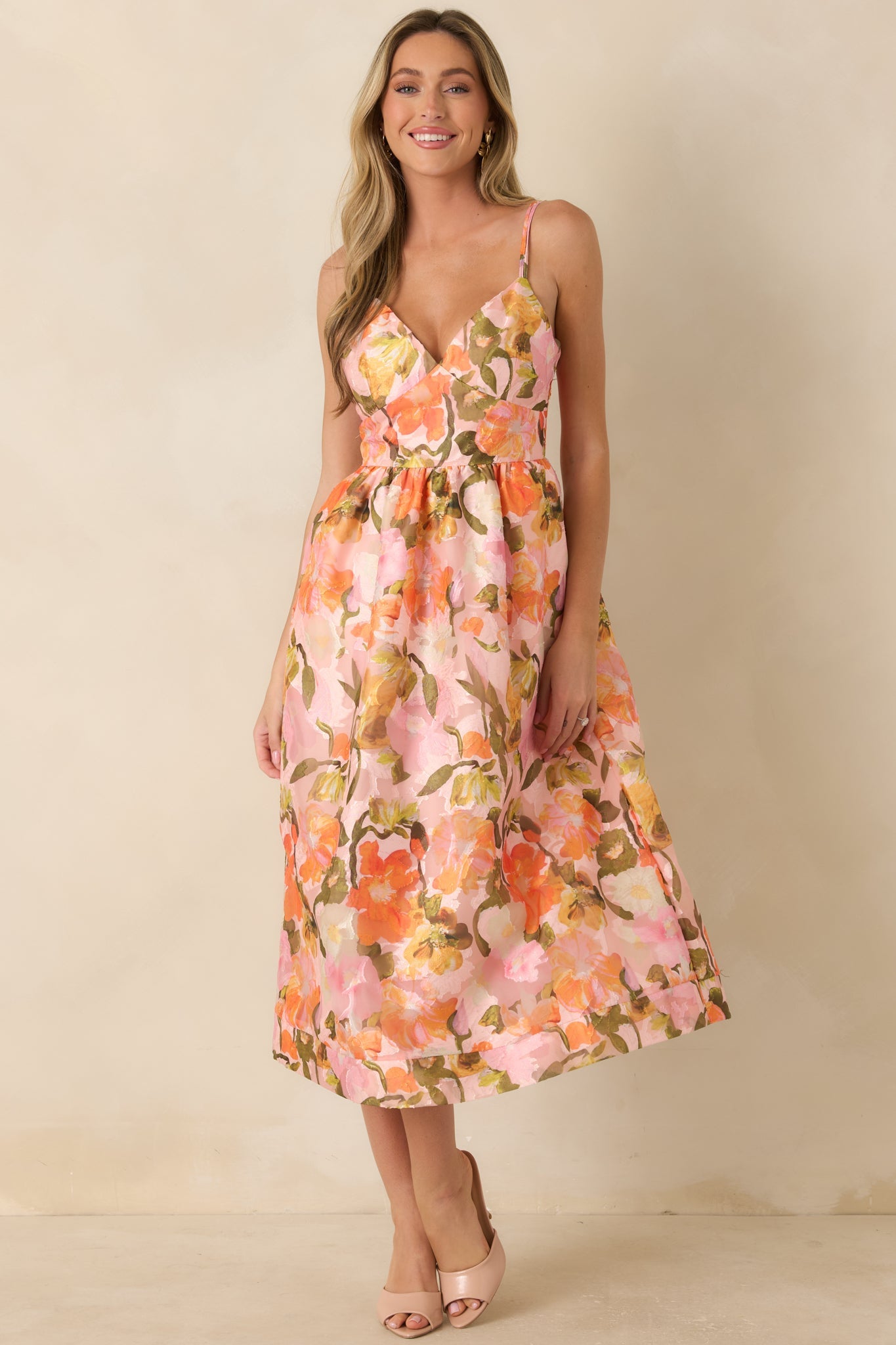 Blushing Bouquet Pink & Orange Floral Midi Dress