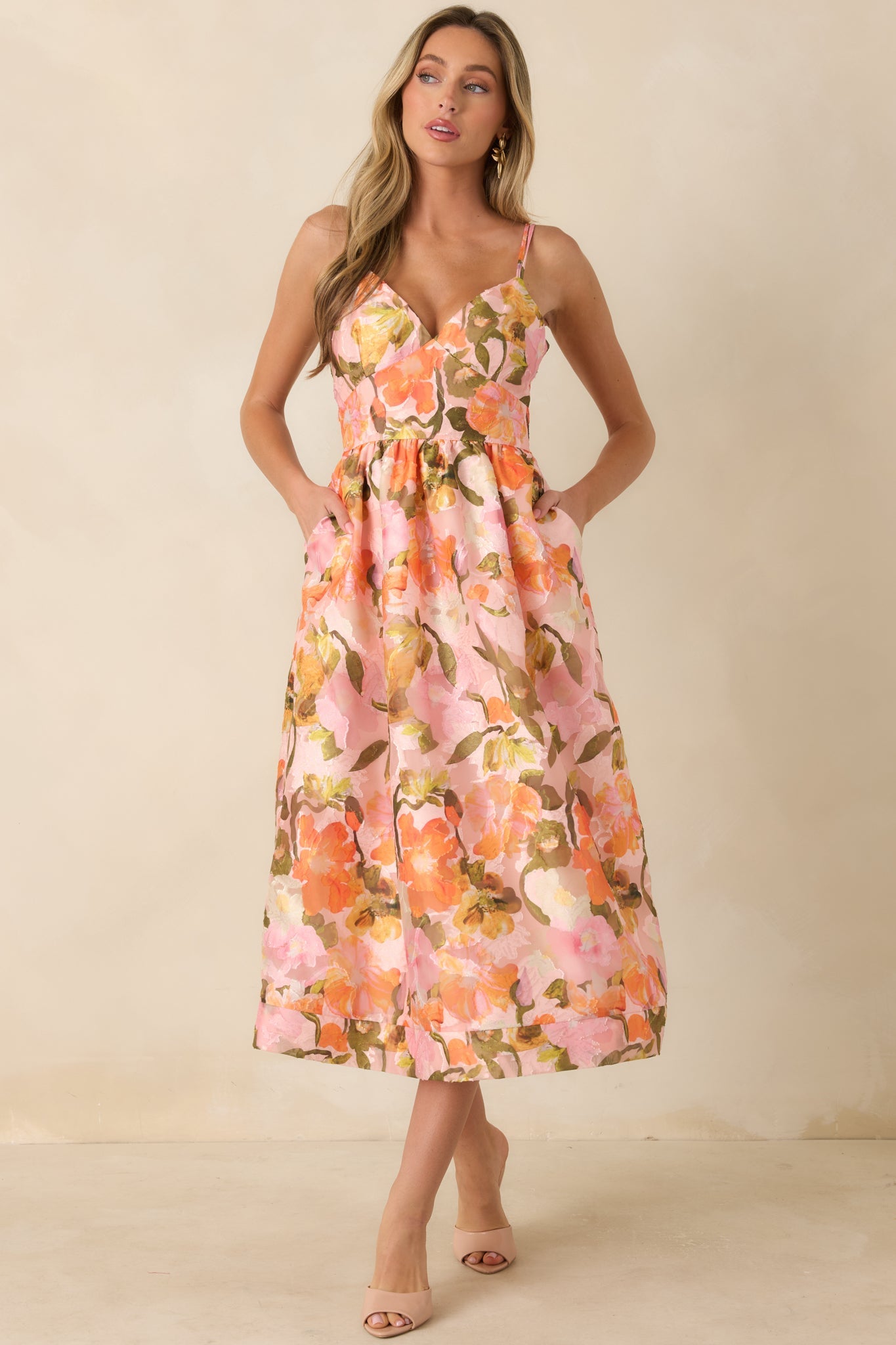Blushing Bouquet Pink & Orange Floral Midi Dress