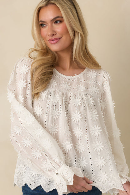 Delicate By Design White Cotton Flower Appliqué Top