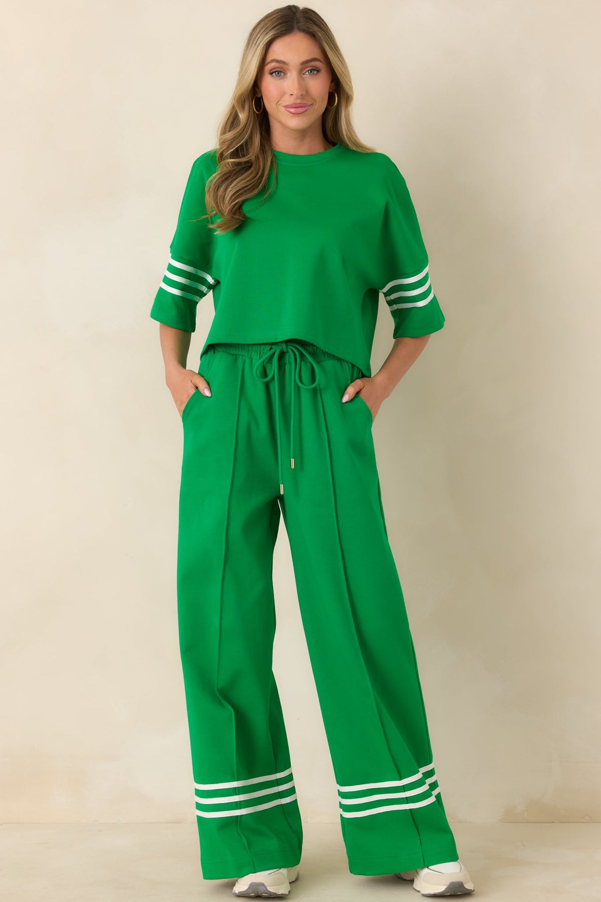 Line & Leisure Green Cotton Blend Contrast Stripe Drawstring Pants