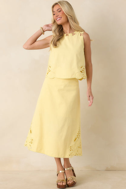 Just Imagine Yellow Cotton Cutwork Embroidery Midi Skirt