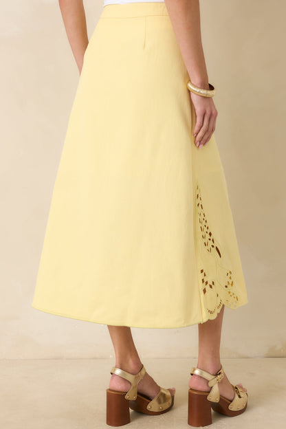 Just Imagine Yellow Cotton Cutwork Embroidery Midi Skirt