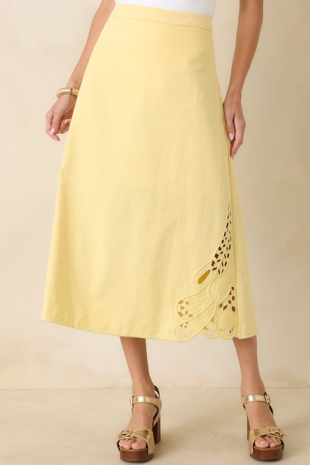 Just Imagine Yellow Cotton Cutwork Embroidery Midi Skirt