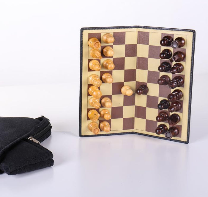 9" Milled Leather Travel Magnetic Chess Set with Wood Pieces - Piece - Chess-House