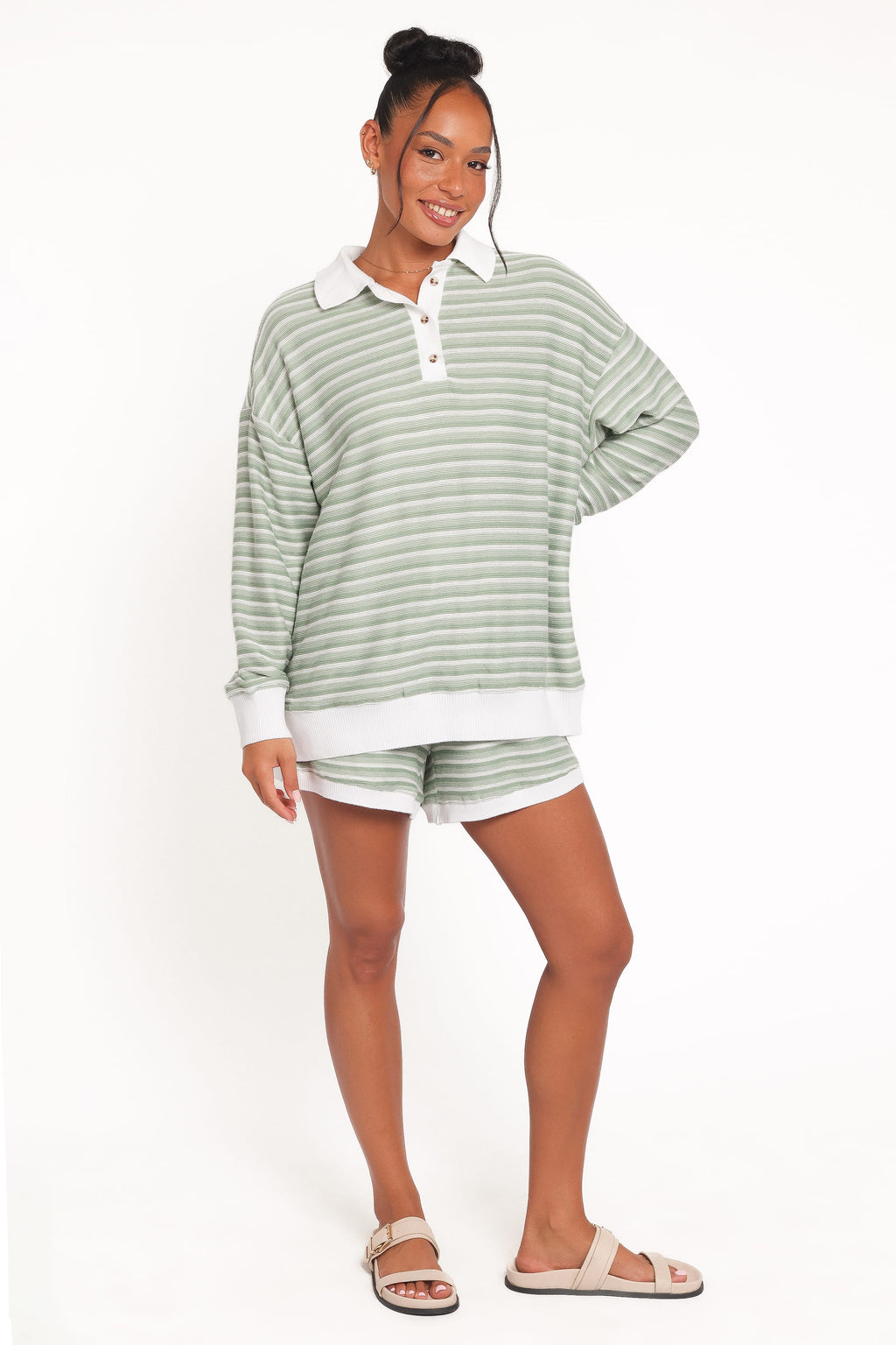 Dealia Knit Short Set - Sage Stripe